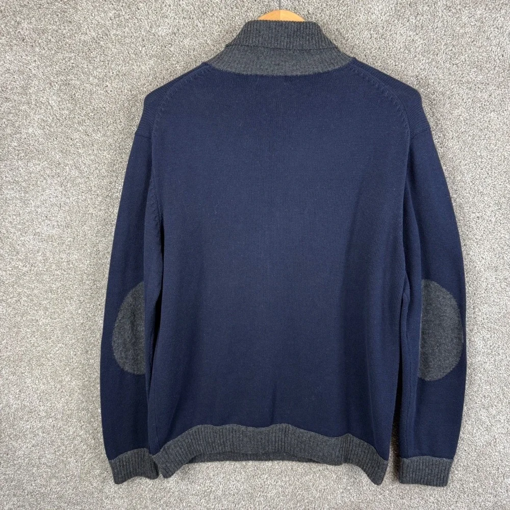 Reiss Mens XL Navy Blue Cotton Lambswool Cashmere Turtleneck Elbow Patch Sweater